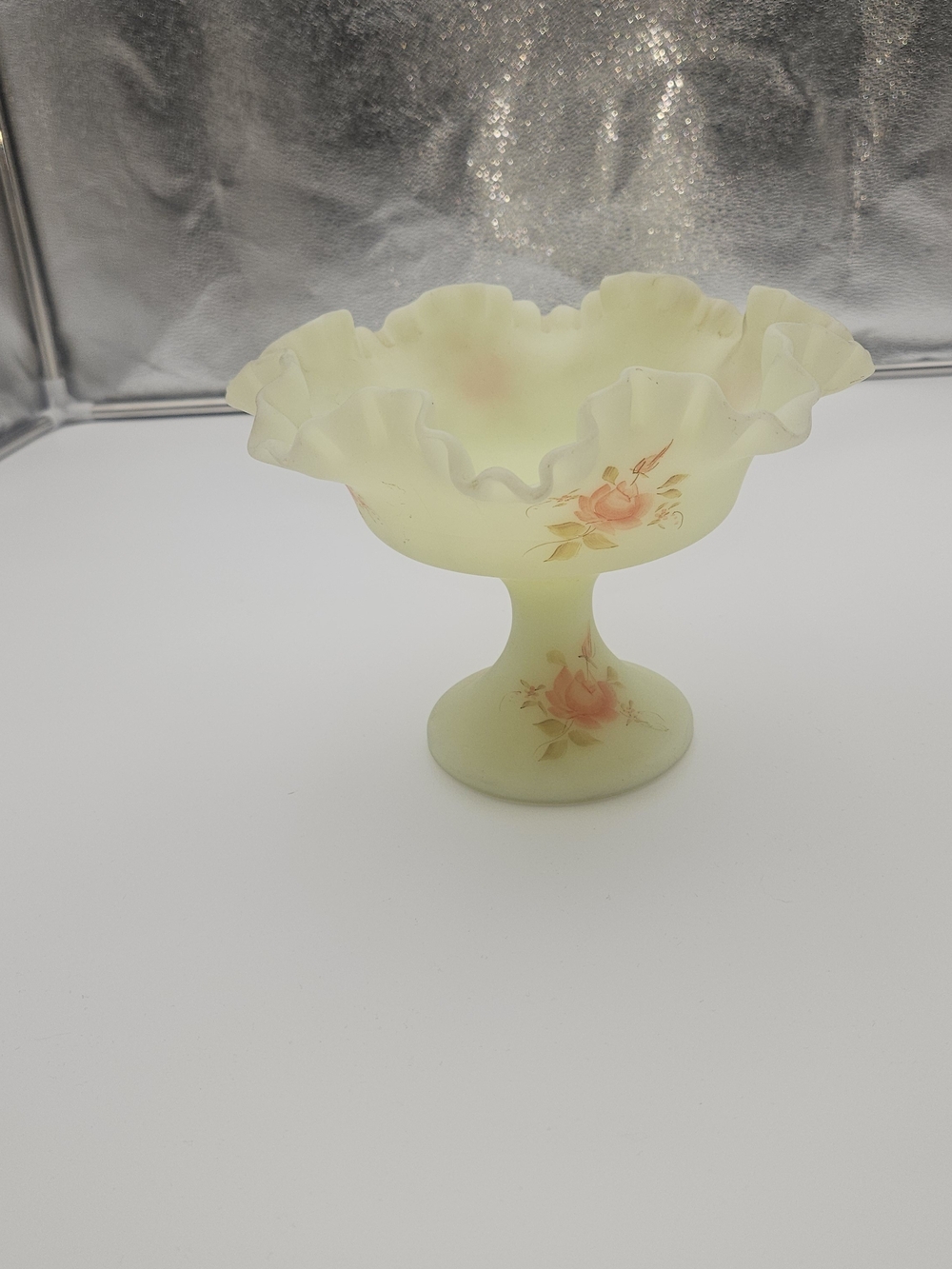 Fenton Pale Yellow Ruffled Compote with Pink Rose Details, Glows, No Chips/Crack